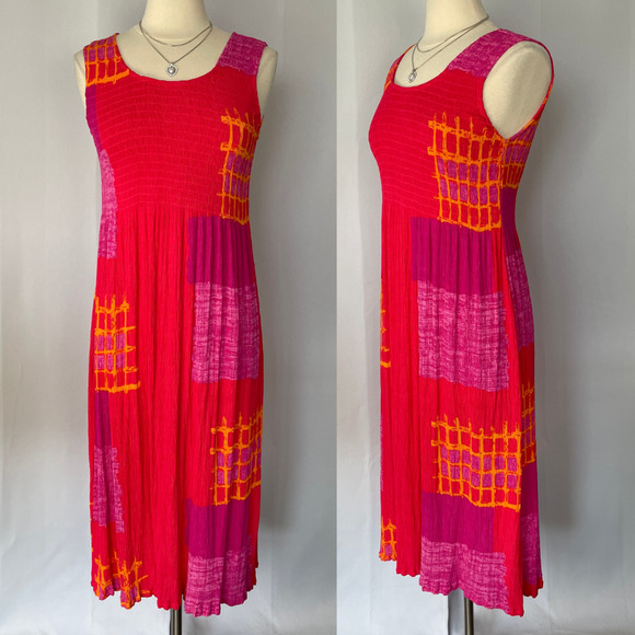 Boho Midi Dress Size Large Pink Patchwork Shirred Bodice Sleeveless Beachy - Picture 1 of 14
